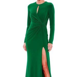 Mac Duggal Emerald Green Ruched Keyhole Long Sleeve Jersey Gown